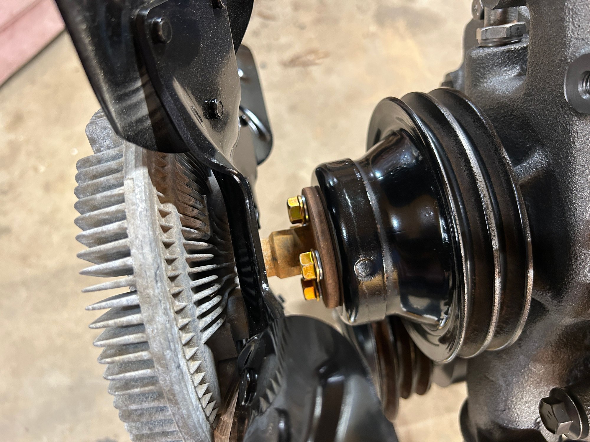 And my buddy that I got the engine from when I was taking the fan off there was one bolt that was an odd size. It looks like he may have a re-tapped one of the holes to make that bolt work, cause it was a different thread and it would not fit in the new water pump. So I did run and get all new bolts for that.