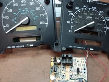 E-series speedo on left  F-series on right.  All PCB's are interchangeable between the displays.