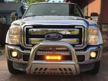 2014 F450, Headliner LEDs on Headlights, KC 10 inch LED, Rearview Safety Camera, all mounted on Aires Big Horn 4 inch Bull Bar.  Dynamic Diode 6000 fog lamps