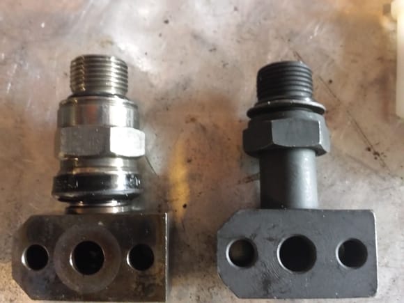 Left: old STC design that commonly leak.
Right: new design with locking nut, sealing washer, & oring.