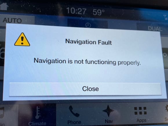 Displays this message and navigation shuts down until SUV is shut off, sits a while, and is restarted - everything else works