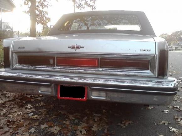 A look at the tail lights. You can see the left reflector bar lens needs replaced, and the trunk has a dent.