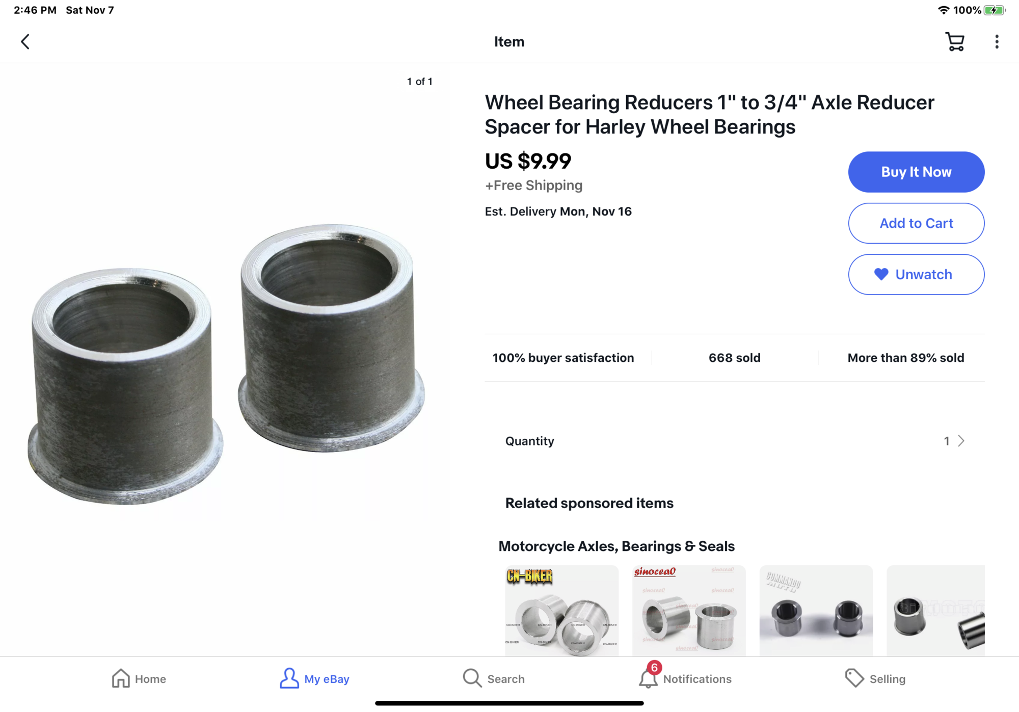 Wheel Bearing Reducers 1" to 3/4" Axle Reducer Spacer Harley Davidson