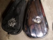 Chrome teardrop side box. Chrome is decent. Comes with weathered bag. No key or mpunting plate