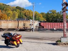 Two trains going by, along the Mississippi. 