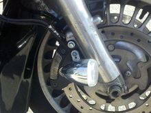 "New" driving lights on the Road Glide.  I used old Dyna Turn Signals and put 6w LED bulbs in them.