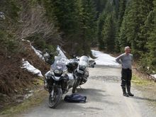 We were heading over a pass… Still fairly early in the year, and we got stopped right here… It was just after this on our way down the mountain when I dropped my GS, and it took the two of us to right the motorcycle…