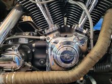 Added Feuling's LOGO Badges cause the heart of the machine is now Feuling. Also heat wrap to hide behind chrome shields so not to cook the new Cam cover