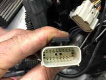 Molex 150 (I believe) male connector. I removed pins 13 violet/black, 14 orange/black, and 8 brown/black. I used a small needle nose to pull up on the inside plate to unlock it and a jewelers screw driver in to the holes of the wires I wanted to remove.