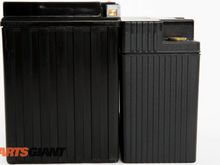 Smaller battery, more power. On the left, a conventional 30amp hour battery fitted to most touring bikes.