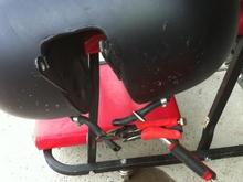 Gas tank removed. I used hemostats and vise grips to clamp off crossover fuel line to remove from frame.