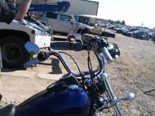 damaged front end, handle bars, mirrors, brake lines, controls, pegs, slider and tube.