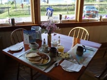 A perfect breakfast on the north shore of Lake Superior, August '08.  Street Glide waiting patiently in background.