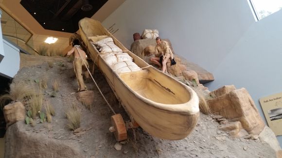 This is from the Lewis and Clark museum. Depicts the portage of one of their dugout canoes around the falls. These things weighed hundreds of pounds! The slope is exaggerated because of the limmited space available for the display, but accurately matches the description written of the method and the struggle.