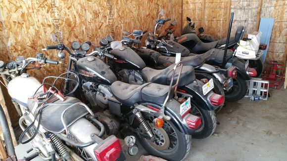 1999 XL883. My second Harley. I installed a Tachometer, RB Racing 2 into 1 exhaust, Screaming Eagle high flow intake, Ricor Intimidators in the front fork tubes, heavier fork oil, and a passenger backrest. The '99 883 Sportster is second from the left, next to a White 1975 Norton 850 Commando. 7 out of 9 of my motorcycles are in this photograph. 