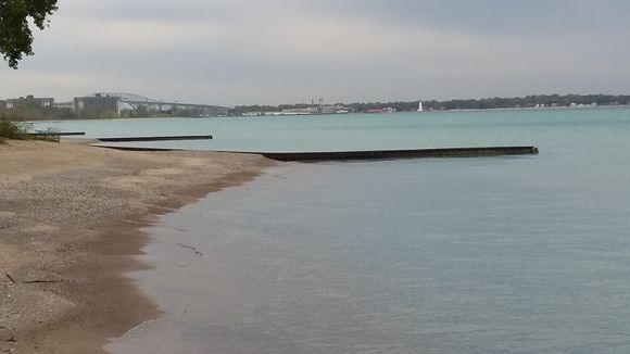 
A view at the waters edge with the “Bluewater Bridges” in the distance. These bridges join Canada to the USA.