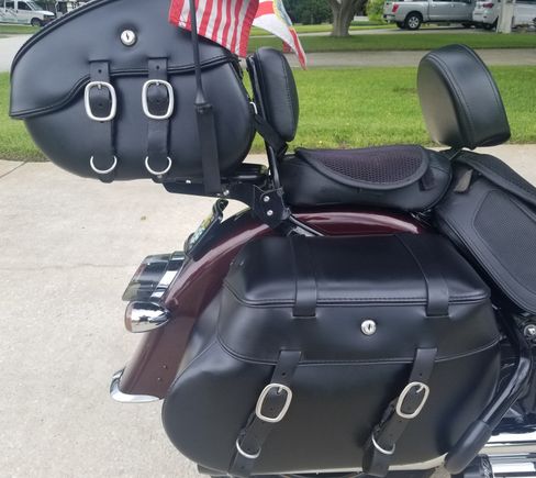 Sissy Bar w/ back rest, Luggage Rack, LeatherPro Saddlebags and Tour Bag