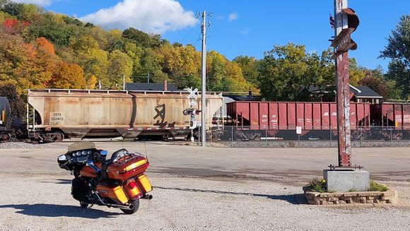 Two trains going by, along the Mississippi. 