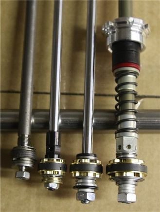 Piston Size Compairson
Left to Right  
*20mm Premium HD Cartridge
* 20mm Ohlins replacement 
* 25mm non-adjustable Ohlins
* 30mm R&T Ohlins