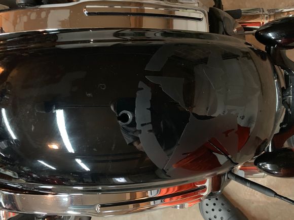 Punisher skull military star on both fenders. Denim black over denim orange