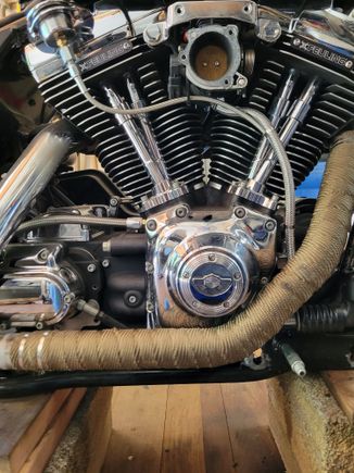Added Feuling's LOGO Badges cause the heart of the machine is now Feuling. Also heat wrap to hide behind chrome shields so not to cook the new Cam cover