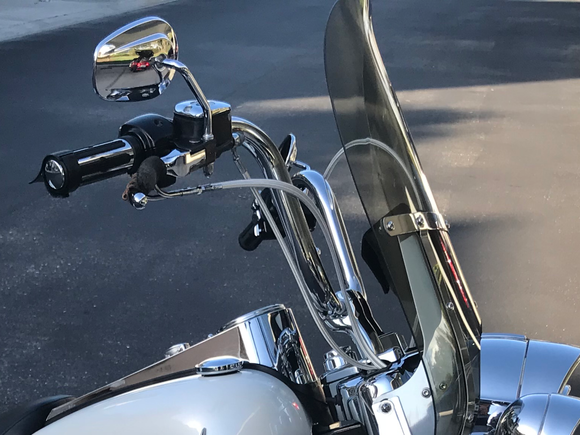 14" police type handlebars with 4" risers..i just didn't want to go through the hassles of chnaging handlebars for the 3rd time....adjustment angles are many....
