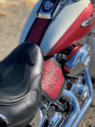 Tank bib and Heat Shield w/ Burgundy Alligator embossed leather overlay