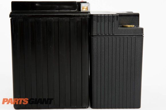 Smaller battery, more power. On the left, a conventional 30amp hour battery fitted to most touring bikes.