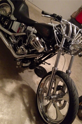 2008 Softail Custom, stock front end, lowered in rear.
