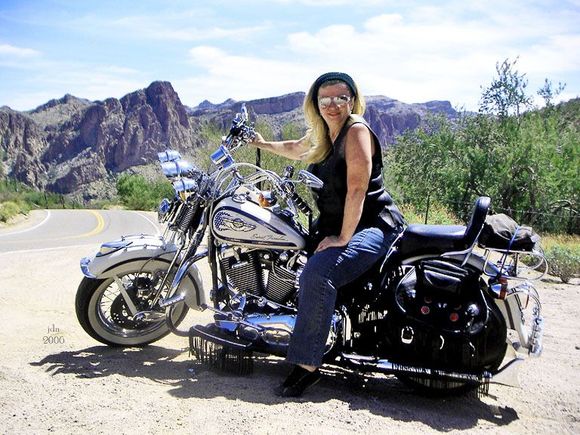 Riding buddy Barb, on the road, Superstition Mountains, Phoenix, AZ- 2006