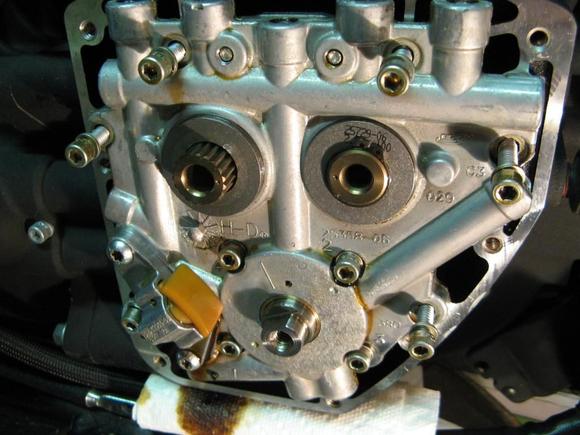 With both sprockets removed you can see large spacer washer on rear cam - purchased $8 bag of different thickness MoCo washers for new cam install. Remove 6 allen bolts that secure cam plate to motor (do not need to touch bolts on oil pump or chain tensioner). Now is a good time to inspect chain rubbing blocks, front and rear.
