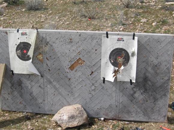 Our table top backstop after about 700 rounds or so. We were surprised how well it stood up to so much torture. It took a beating from our .357, .50AE, .450 Marlin (from the BFR and rifle), .444 Marlin, .38 SPL, 9mm, .22LR, 30-30, 30-06, 308, .30 Carbine and a 12 gauge. We named this trip ATF weekend. Alcohol, tobacco and firearms required.