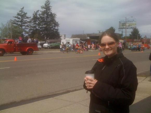 Trying to get warm after riding 2hrs through rain storm.  Sunday's Floral Parade, Rhododendron Festival, Florence, Or