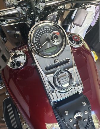 My 08 Heritage: Speedometer with tach, fuel gage and gear indicator.  Joker machine console cover.  