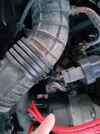 I'm not holding the connector in question, it is loose, down below that connector showing all the multi-colored wires. I'm holding the spark plug wires aside to show the area better.