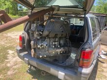 2008 3.7L I-5 Engine (my donor engine) being loaded into my tried and true 1993 Jeep ZJ.  Quite the fit!