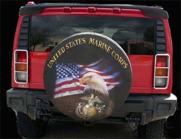 Airbrushed USMC eagle and flag on tire cover - www.purrfectionairbrush.com