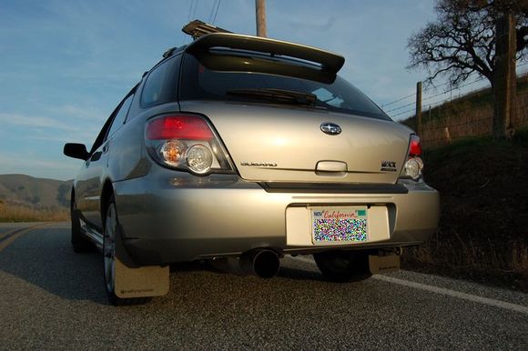 Backside view of my WRX with Rally Armor mudflaps and Greddy EVO2 exhaust.