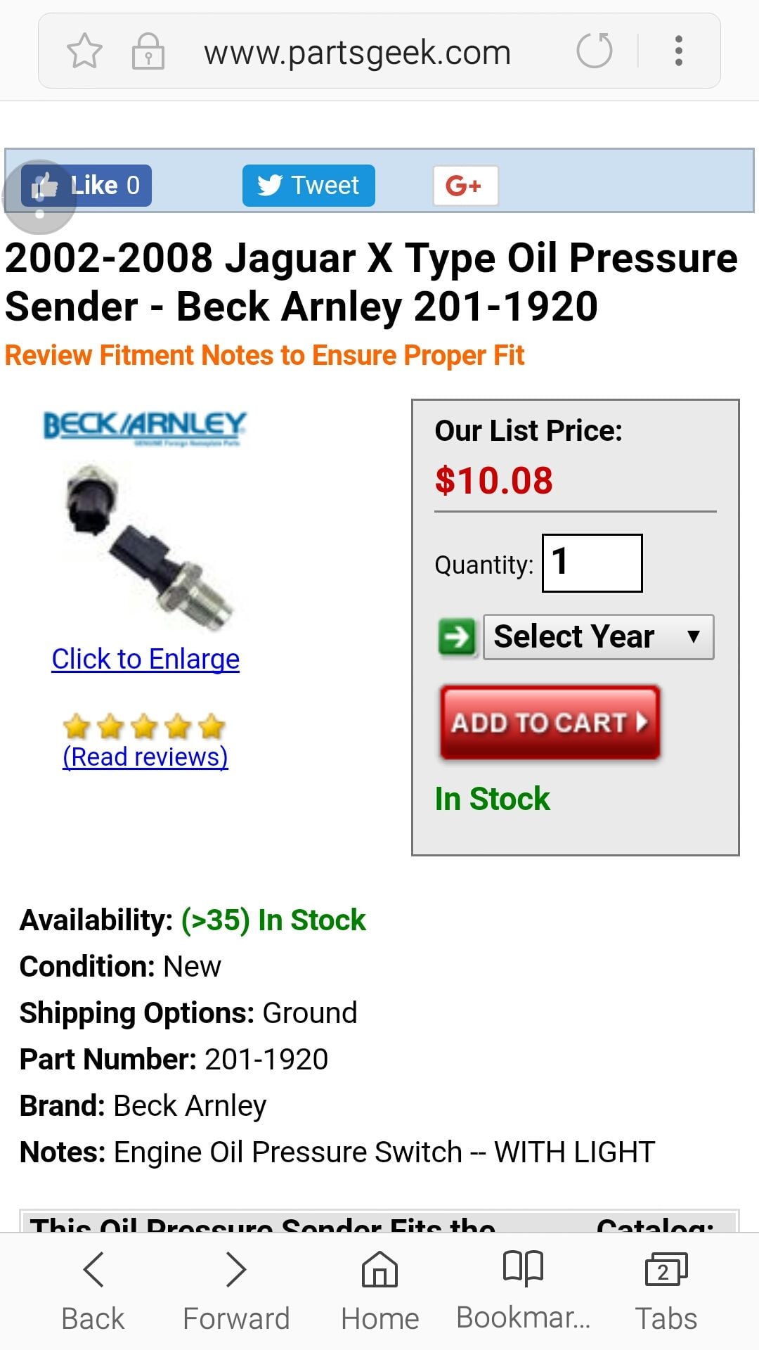 Beck Arnley 201-1920 Oil Pressure Switch with Light