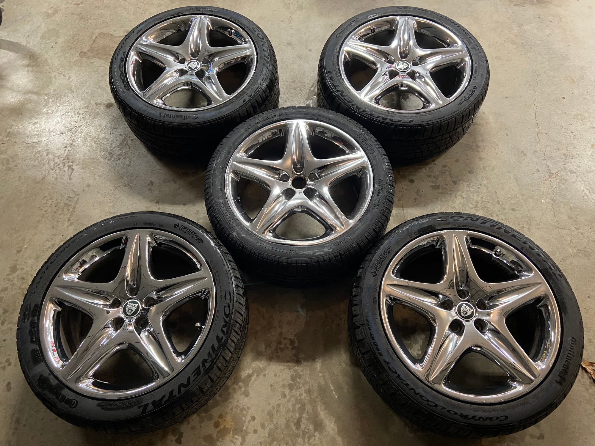 Wheels and Tires/Axles - 2005/X350 Jaguar XJ OEM 'Custom' chrome 5-spoke 19" wheels, recent Continental tires - Used - 2004 to 2006 Jaguar XJ8 - Coppell, TX 75019, United States