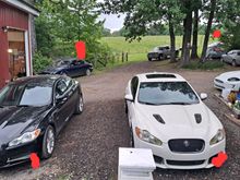 Every red dot is another Jag. White, black, silver and blue all run.  Son working on silver one... so i let him plug away at that. Blue one im lazy on a vacuum leak.... white one is my donor flood, way back in the field under the cover is the XKR i just bought with a seized engine. 