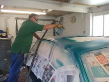 Dad applying the basecoat over a lot of primer-filler for a super smooth finish