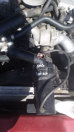 Correct pump and connector sitting atop the radiator prior to installation.This was a Hella