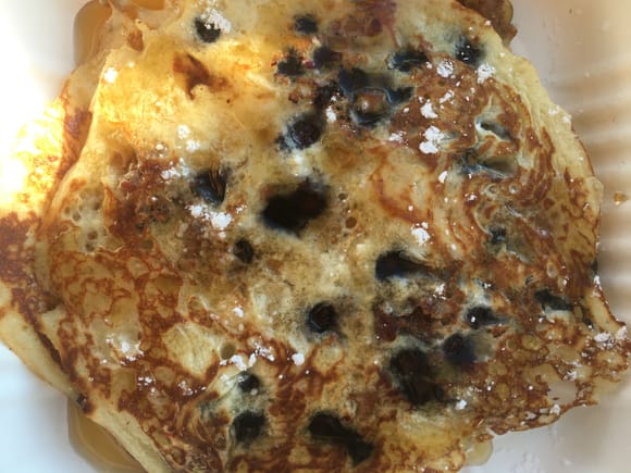 Wild Blueberry pancakes with house-made sausage “built” into the batter with, of course, real Maine maple syrup, at Broadway Delicatessen, Brunswick. 