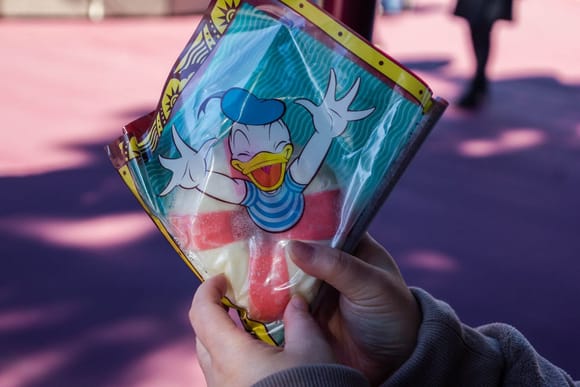 Donald Duck pork bun. Expensive, at 500 yen, but nicely packaged. In general, however, food isn't too overpriced.