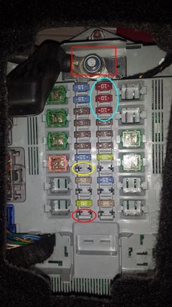 Red Oval -- 10amp (manual does not say what it is for and has nothing listed under it)

Yellow Oval -- 10amp (same as above)

Light Blue Oval --All 10amp, bottom one is TPMS, middle one is  GSM, CMM (whatever the hell that is), top one is Navigation...RED BOX is where I plan to ground.