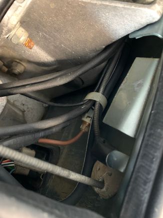 in-line fuse behind white collar on firewall with red wire exiting fuse and running forward. Note this red wire does not have a white fleck.