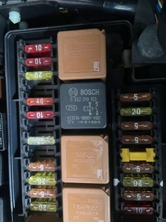 
The relay installed in the luggage compartment fuse box.  Note you may also need to put a 10A fuse in slot 17 in the same fuse box 