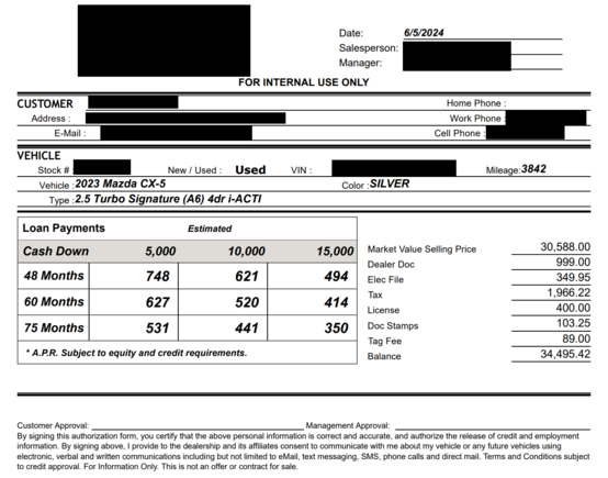 This is my OTD quote for a CPO 2023 CX-5 Signature (Rhodium White) w/approximately 4,500+ miles - is this a good deal or no? 