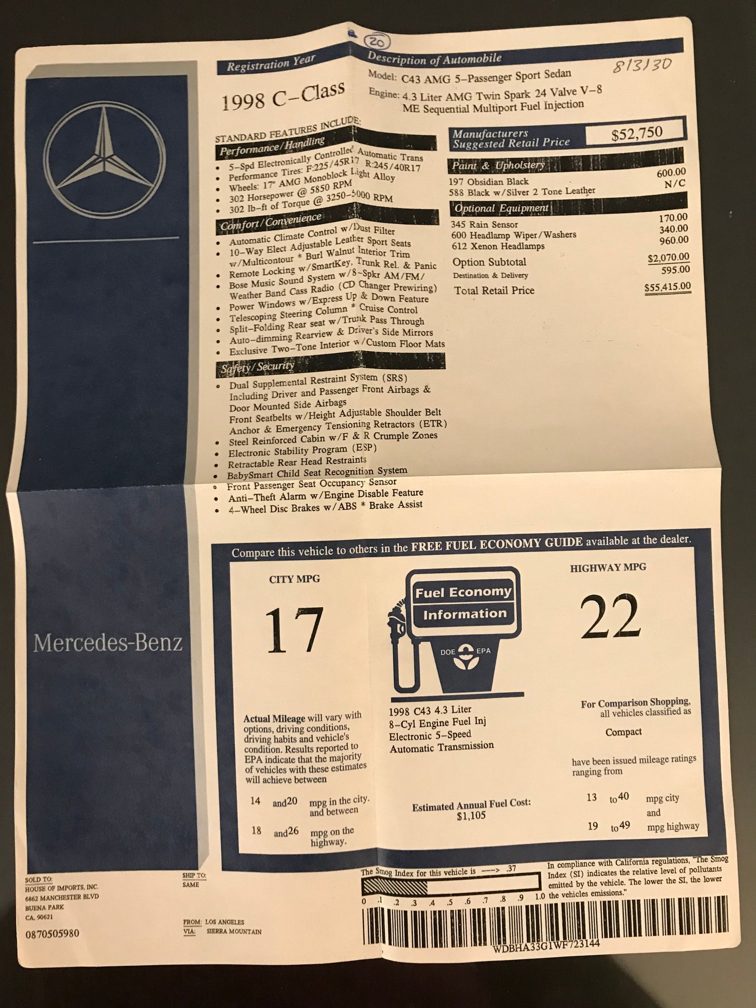 1998 Mercedes-Benz C43 AMG - 98 C43 AMG - Used - VIN WDBHA33G1WF723144 - 8 cyl - 2WD - Automatic - Sedan - Black - Rancho Cucamonga, CA 91737, United States
